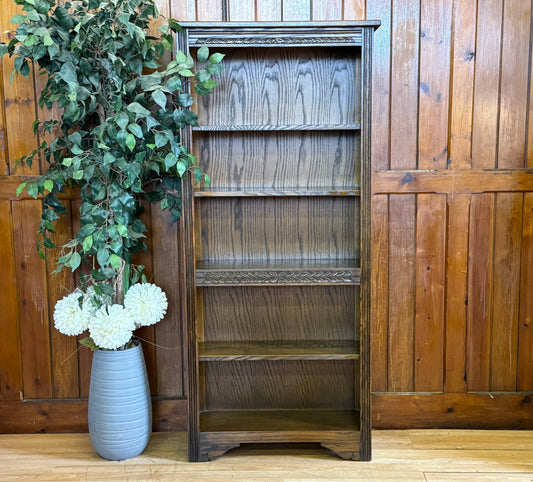 Old Charm Stuart Carved Oak Bookcase \ Rustic Tudor Style Shelving Unit