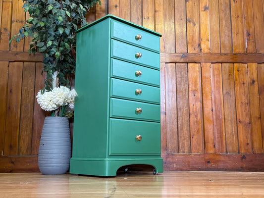 Vintage Ducal Pine Tallboy Chest of Drawers \ Narrow Painted Green Storage Drawers