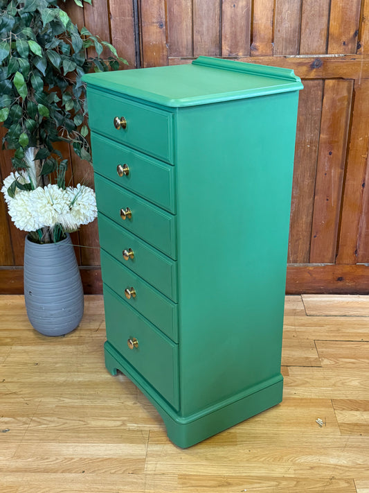 Vintage Ducal Pine Tallboy Chest of Drawers \ Narrow Painted Green Storage Drawers