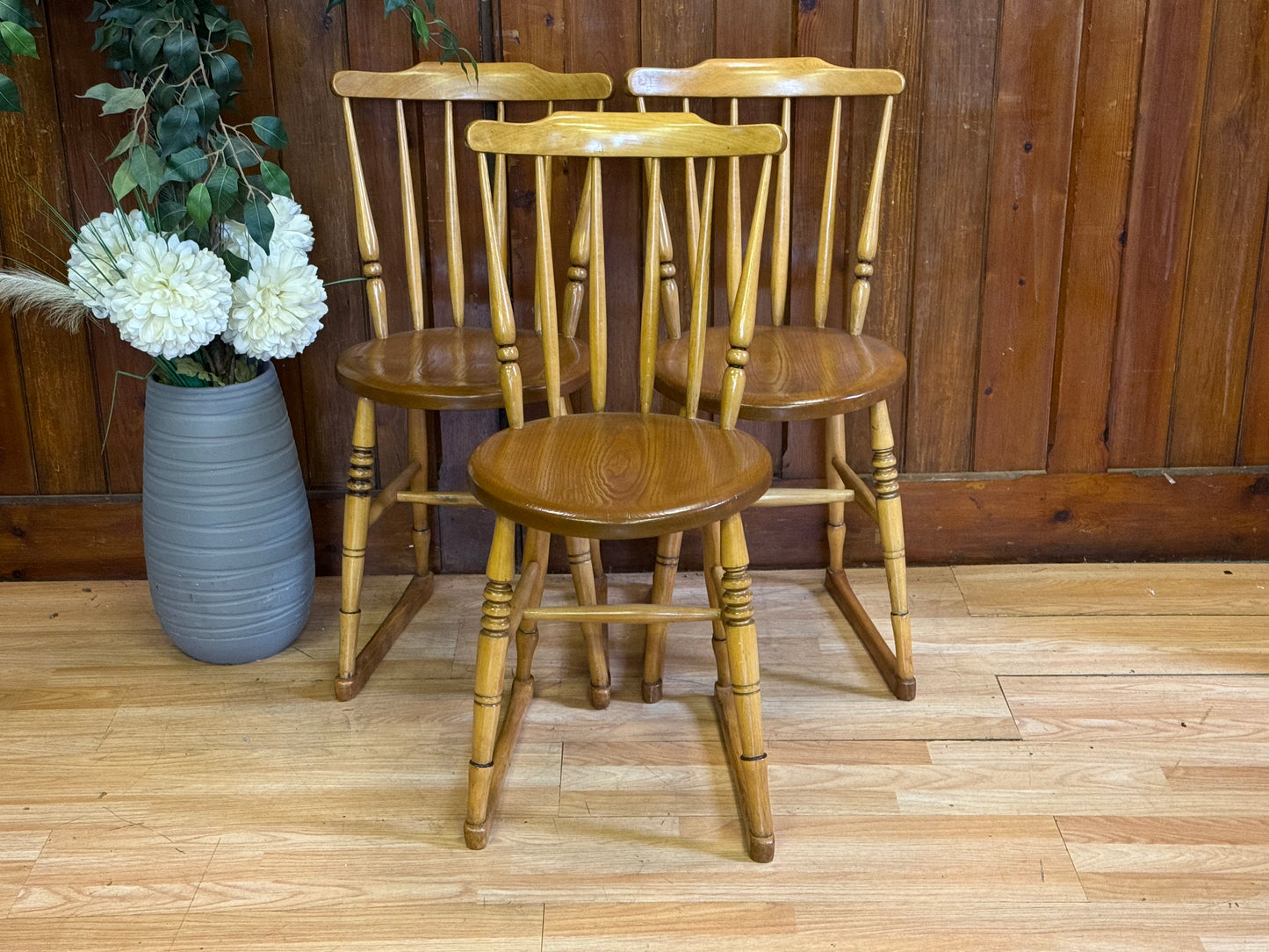 Trio of Vintage Beech and Elm Penny Chairs \ Mid Century Rustic Dining Chairs