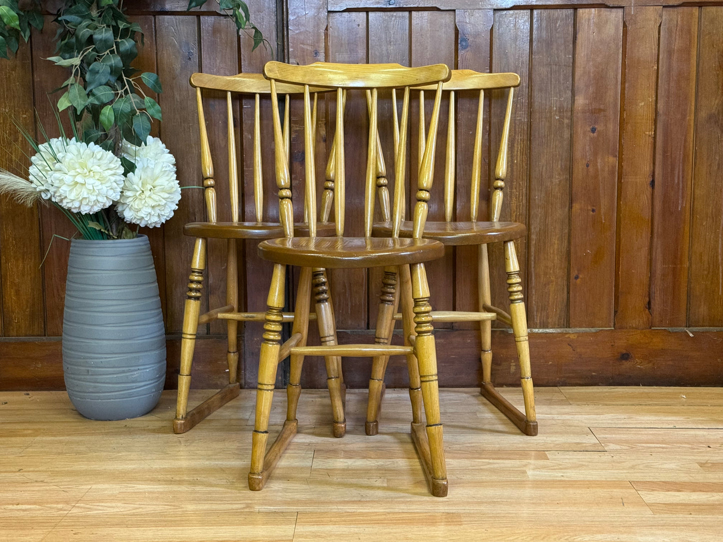 Trio of Vintage Beech and Elm Penny Chairs \ Mid Century Rustic Dining Chairs