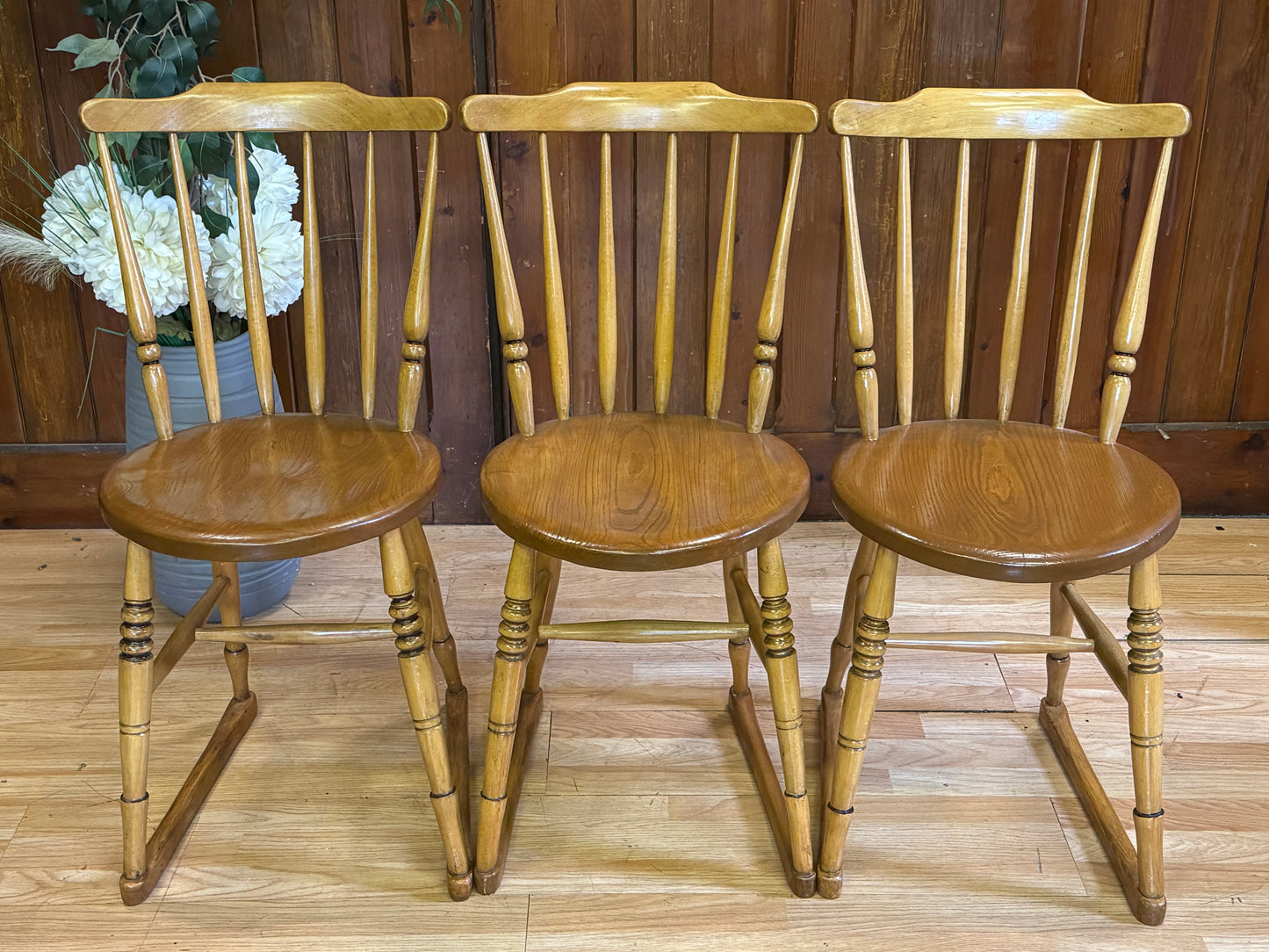 Trio of Vintage Beech and Elm Penny Chairs \ Mid Century Rustic Dining Chairs