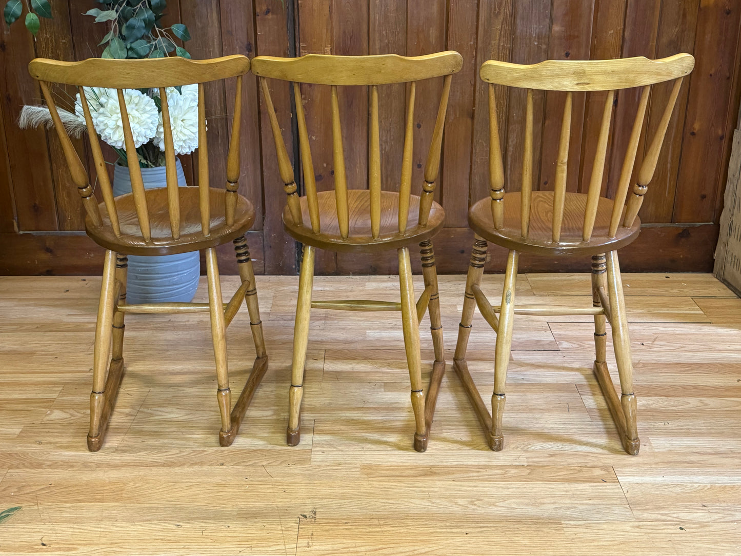 Trio of Vintage Beech and Elm Penny Chairs \ Mid Century Rustic Dining Chairs