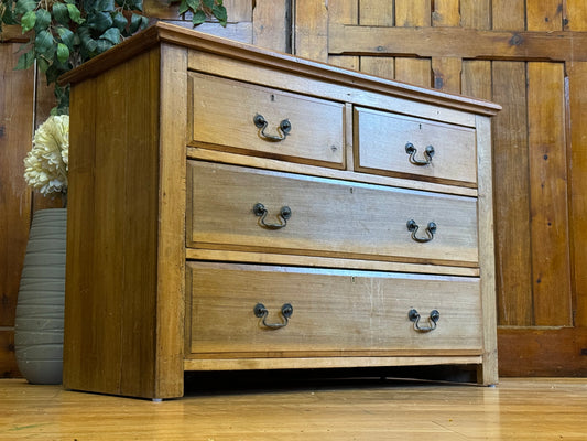 Antique Pine & Satinwood Farmhouse Low Chest of Drawers \ Rustic Storage Draws