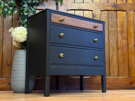 Small Oak Deco Chest of Drawers \ Painted Black Rustic Storage Drawers