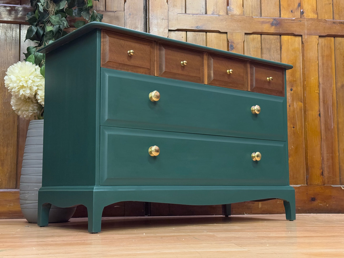 Vintage Stag Minstrel Green Chest of Drawers \ Low Sideboard Storage Drawers