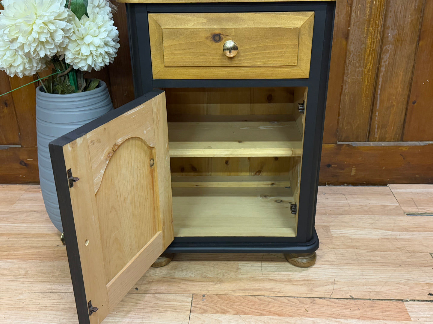 Vintage Farmhouse Pine Pot Cupboard \ Painted Black Rustic Bedside \ Lamp Table