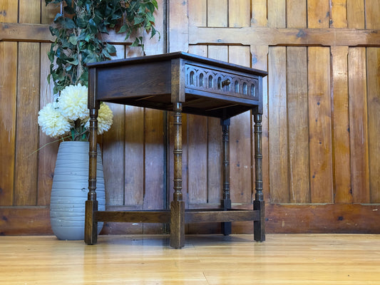 Solid Oak Canted Console Table by Jaycee \ Distressed Reproduction Lamp Table