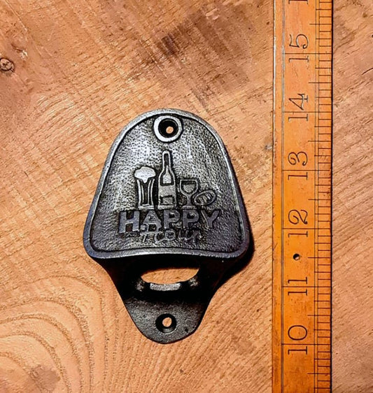 HAPPY HOUR \ Cast Iron Wall Mounted Bottle Opener \ Vintage Style Home Bar