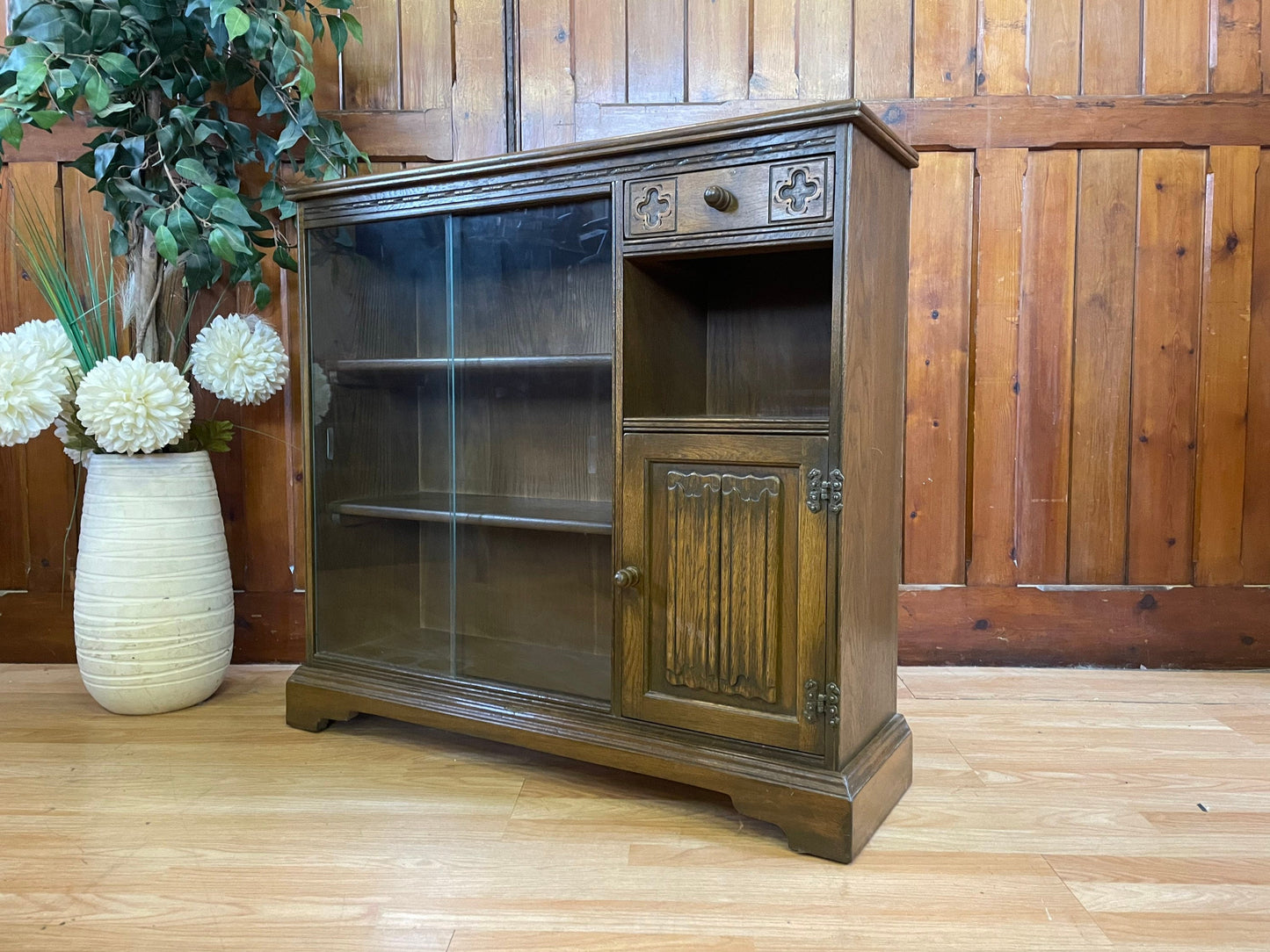 Vintage Narrow Glazed Bookcase and Cupboard by Old Charm \ Oak Console Table \ Sideboard