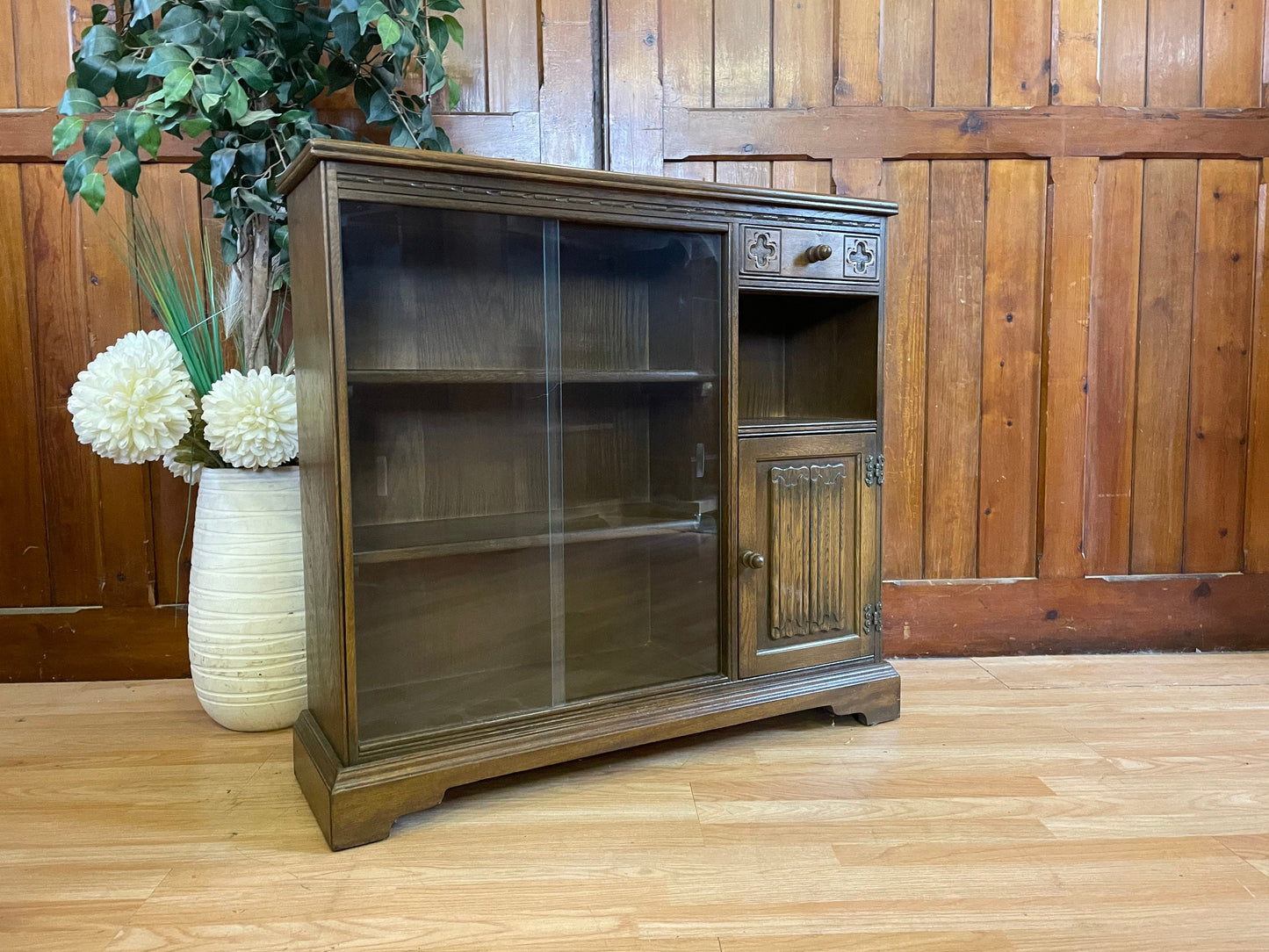 Vintage Narrow Glazed Bookcase and Cupboard by Old Charm \ Oak Console Table \ Sideboard