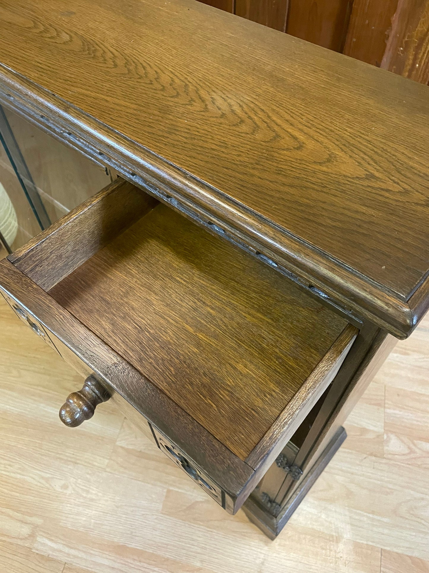 Vintage Narrow Glazed Bookcase and Cupboard by Old Charm \ Oak Console Table \ Sideboard