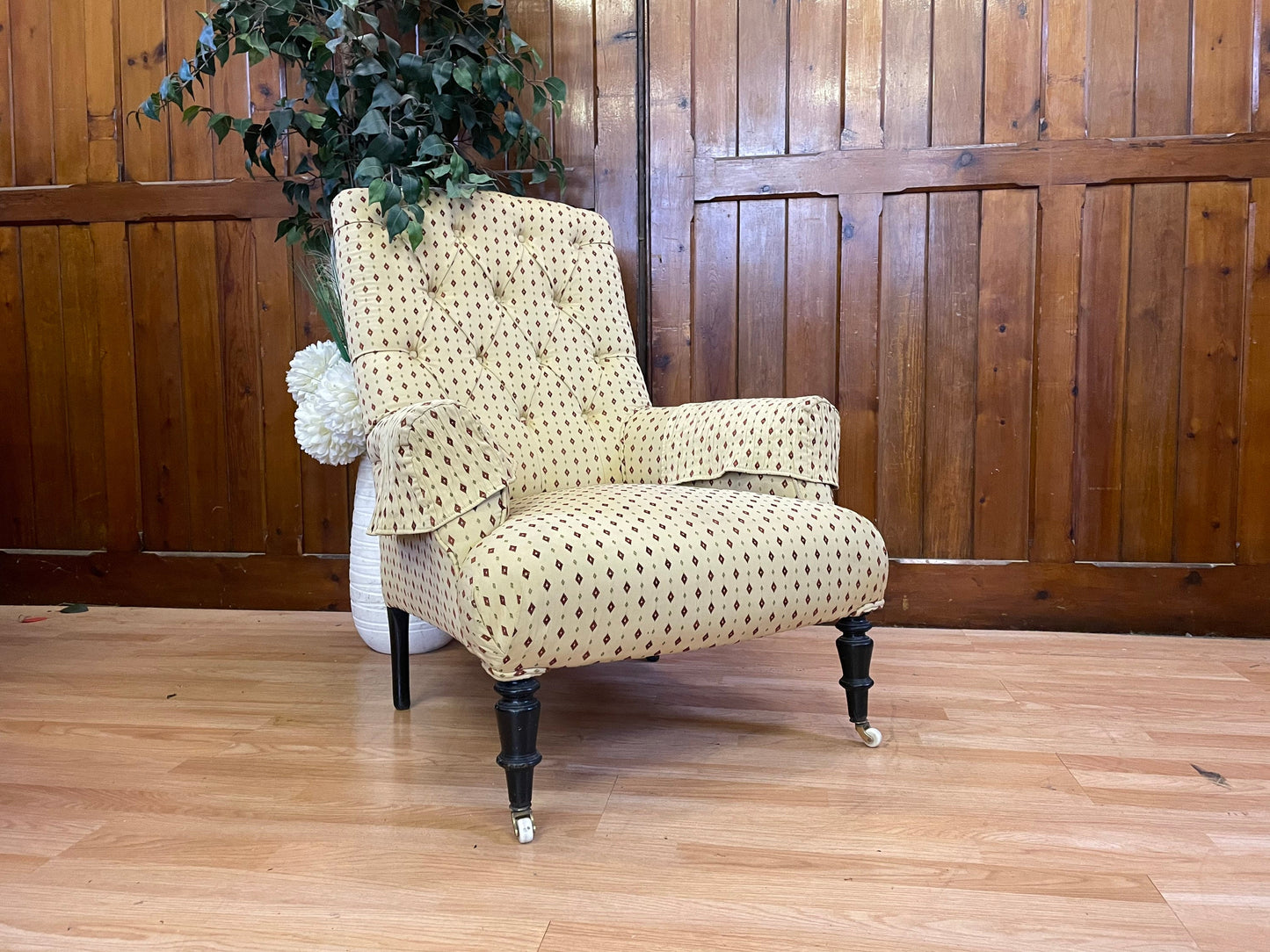 Antique French High Back Armchair \ Deep Button Fireside Chair