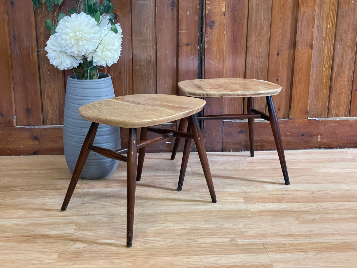 Vintage Pair Converted Ercol Quaker Chair Stools / Mid Century Elm Stools