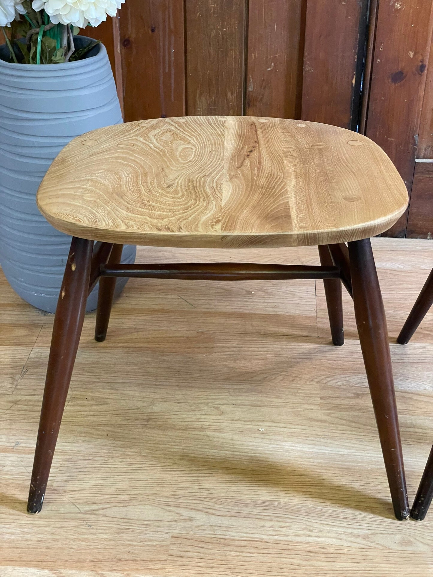 Vintage Pair Converted Ercol Quaker Chair Stools / Mid Century Elm Stools