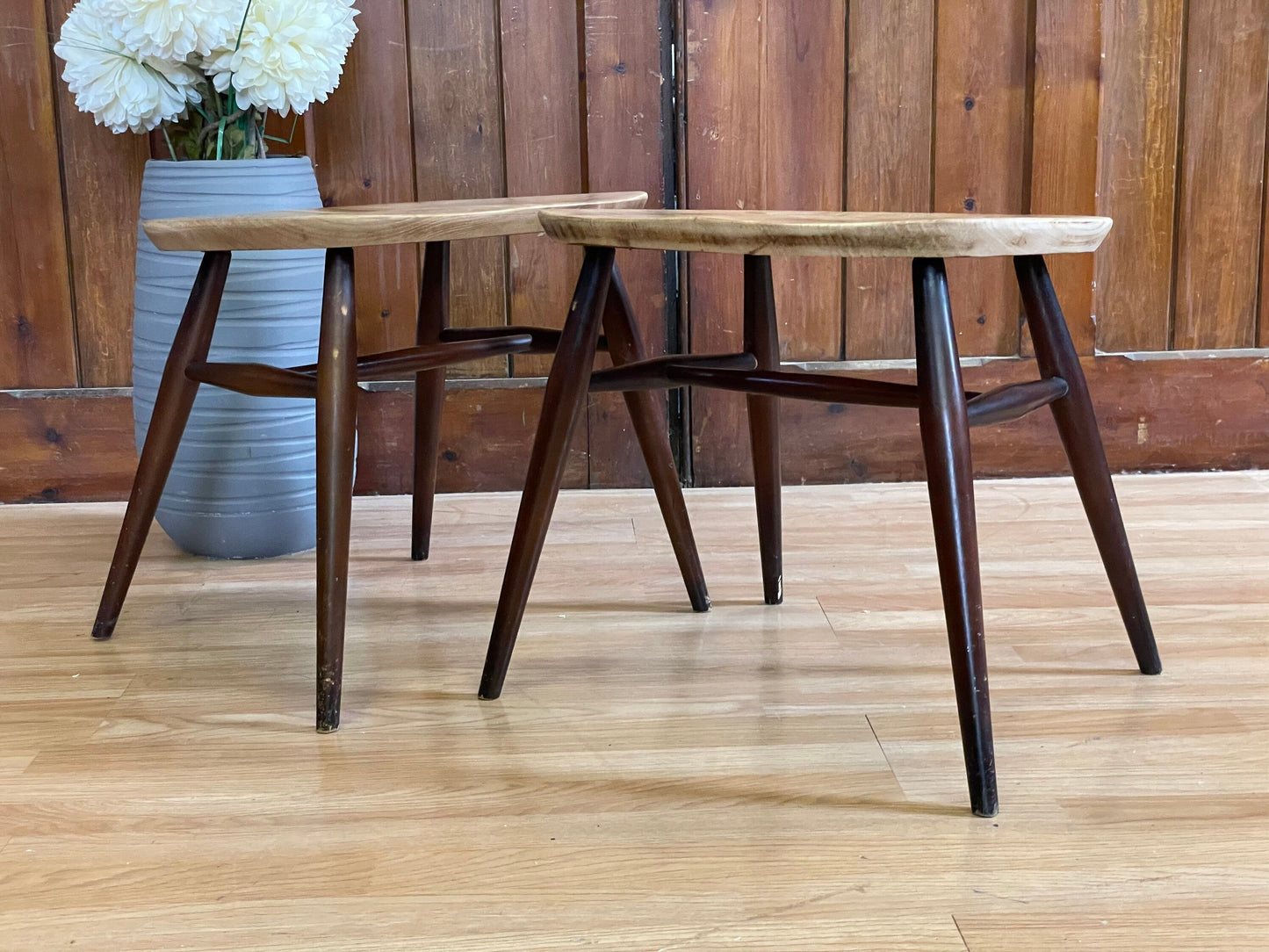 Vintage Pair Converted Ercol Quaker Chair Stools / Mid Century Elm Stools