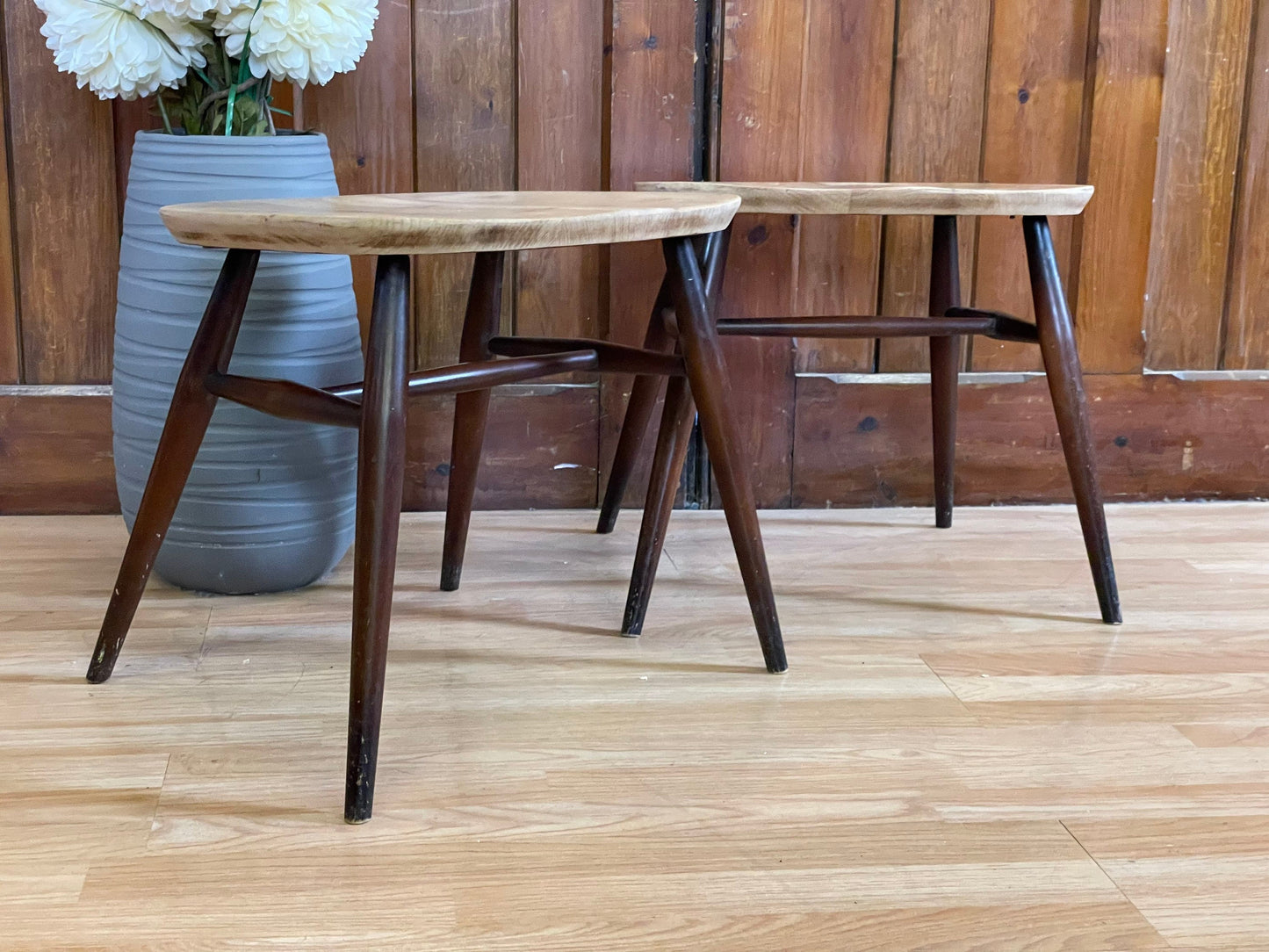 Vintage Pair Converted Ercol Quaker Chair Stools / Mid Century Elm Stools / B