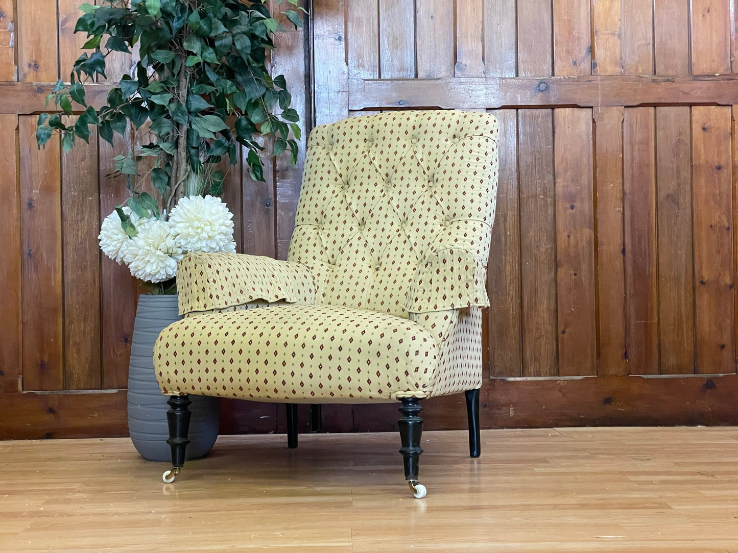 Antique French High Back Armchair \ Deep Button Fireside Chair