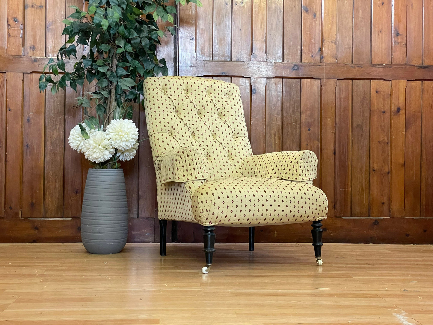 Antique French High Back Armchair \ Deep Button Fireside Chair