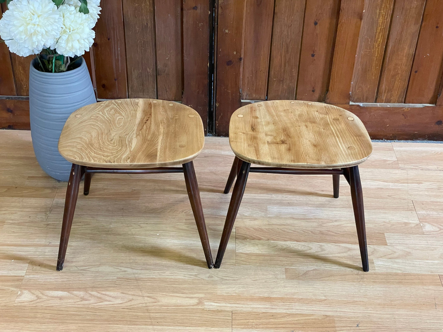 Vintage Pair Converted Ercol Quaker Chair Stools / Mid Century Elm Stools