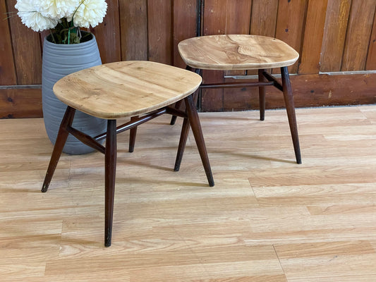 Vintage Pair Converted Ercol Quaker Chair Stools / Mid Century Elm Stools / B