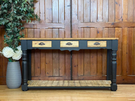 Painted Farmhouse Console Table \ Rustic Pine Sideboard \ Black Storage Unit