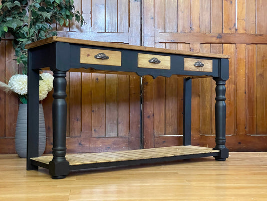 Painted Farmhouse Console Table \ Rustic Pine Sideboard \ Black Storage Unit