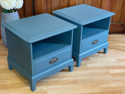 Vintage Pair Stag Minstrel Bedside Tables \ Painted Blue Bedside Drawers