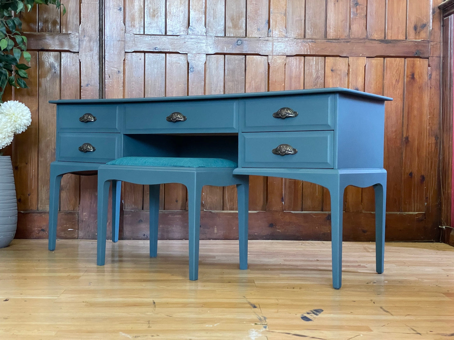 Vintage Stag Minstrel Dressing Table and Stool \ Painted Blue Desk / Workstation