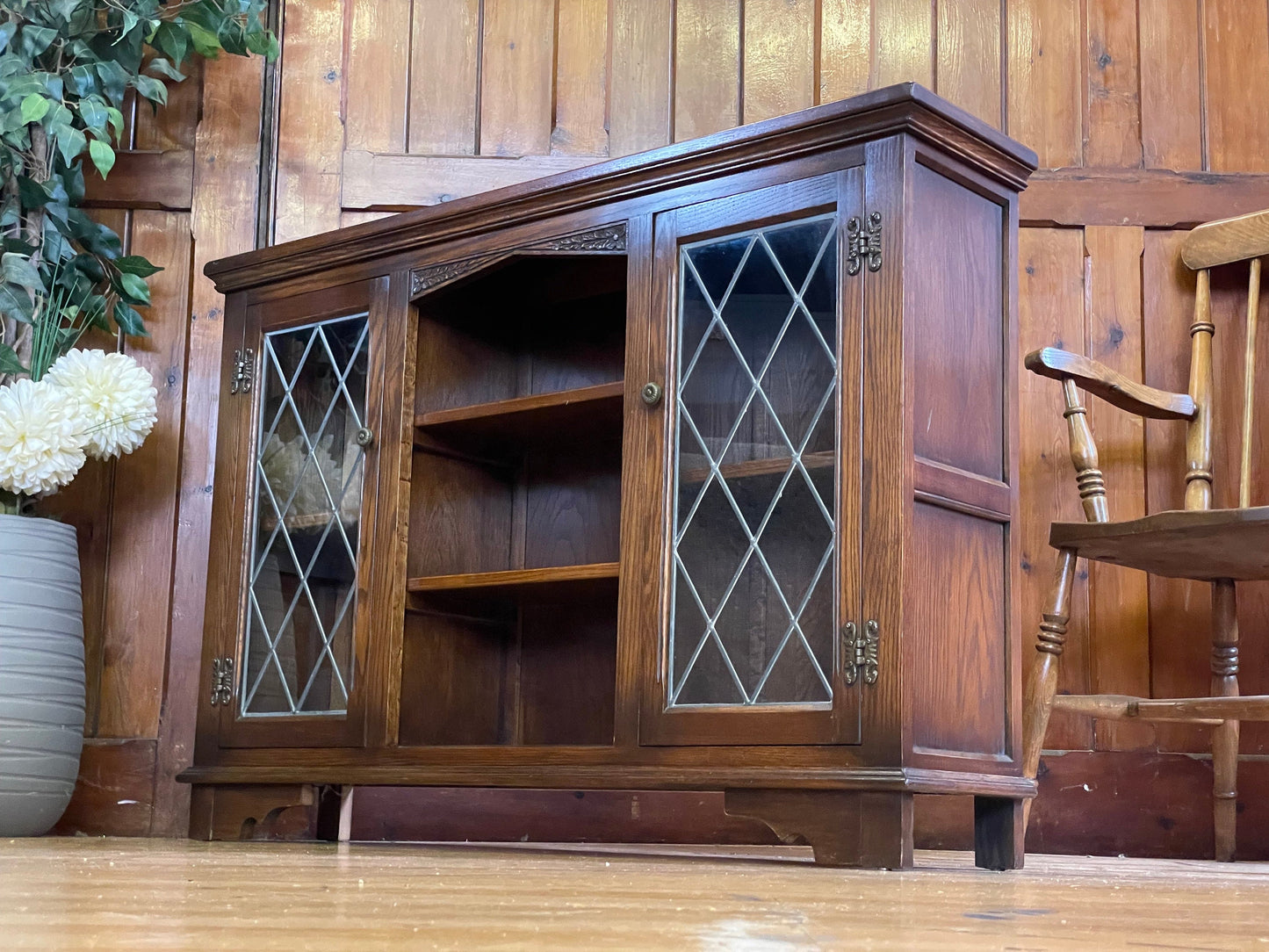 Vintage Glazed Old Charm Bookcase by Wood Bros \ Oak Hall Sheves \ Sideboard