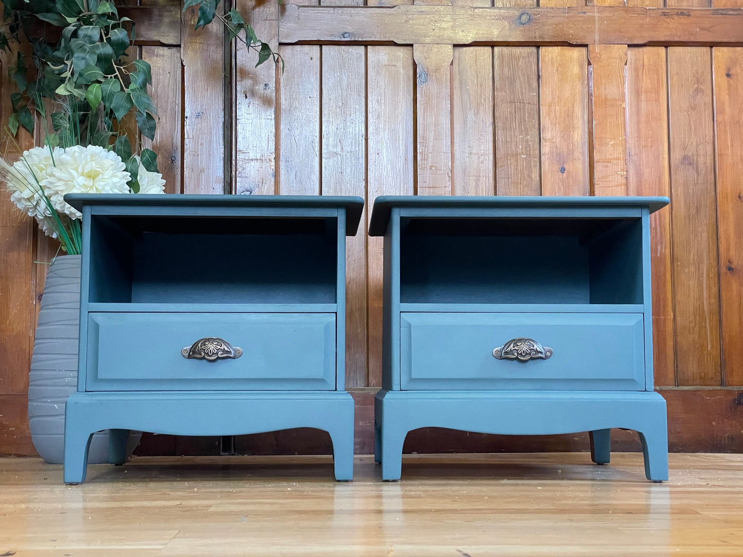 Vintage Pair Stag Minstrel Bedside Tables \ Painted Blue Bedside Drawers