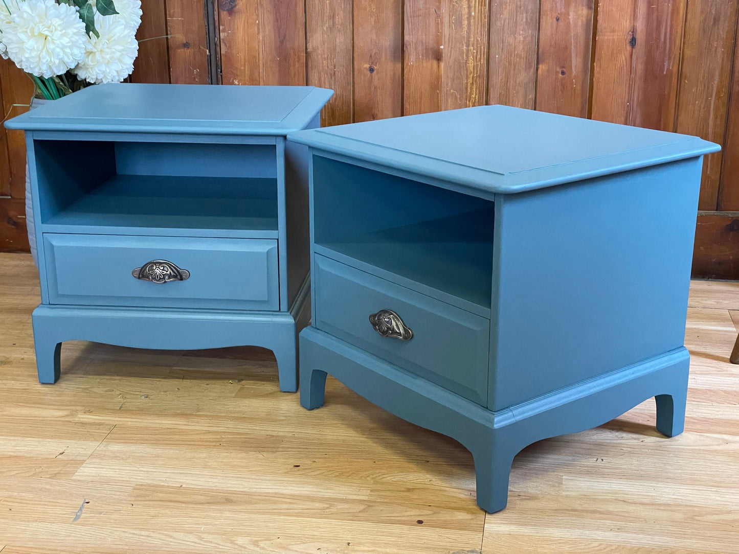 Vintage Pair Stag Minstrel Bedside Tables \ Painted Blue Bedside Drawers