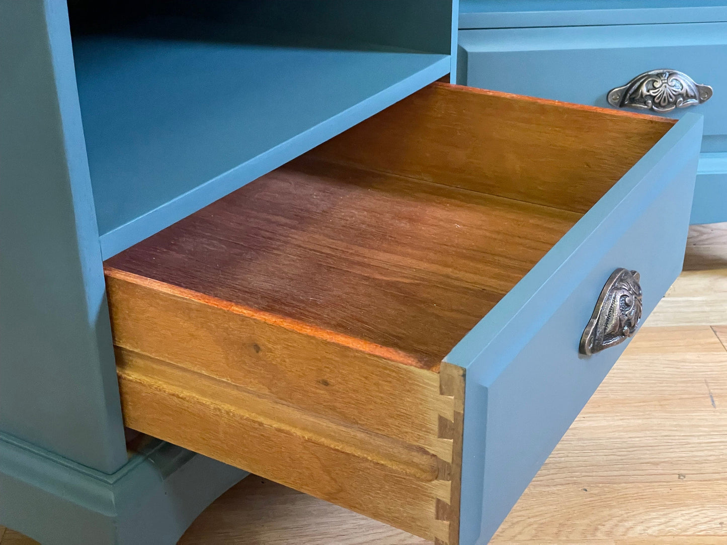 Vintage Pair Stag Minstrel Bedside Tables \ Painted Blue Bedside Drawers