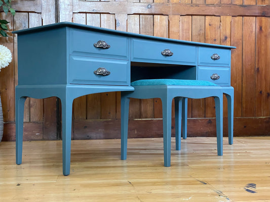 Vintage Stag Minstrel Dressing Table and Stool \ Painted Blue Desk / Workstation