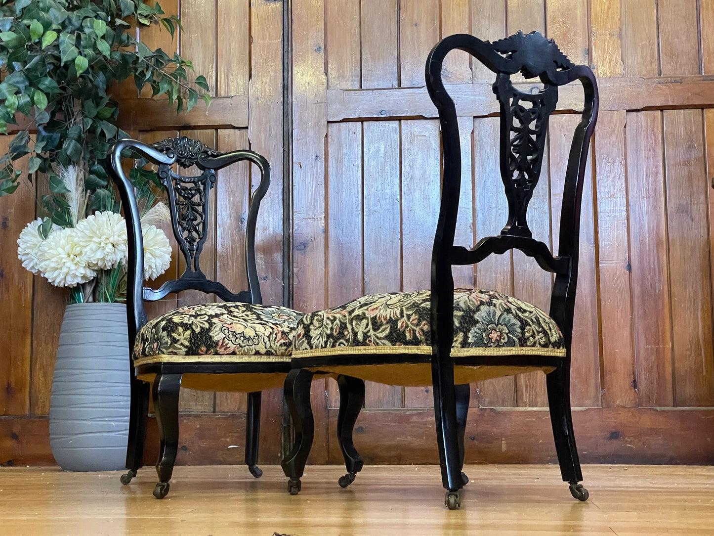 Pair Antique Ebonised Low Bedroom Chairs \ Black Edwardian Nursing Chairs