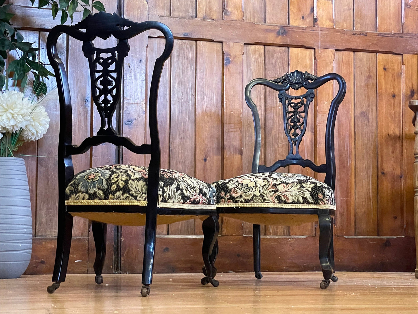 Pair Antique Ebonised Low Bedroom Chairs \ Black Edwardian Nursing Chairs