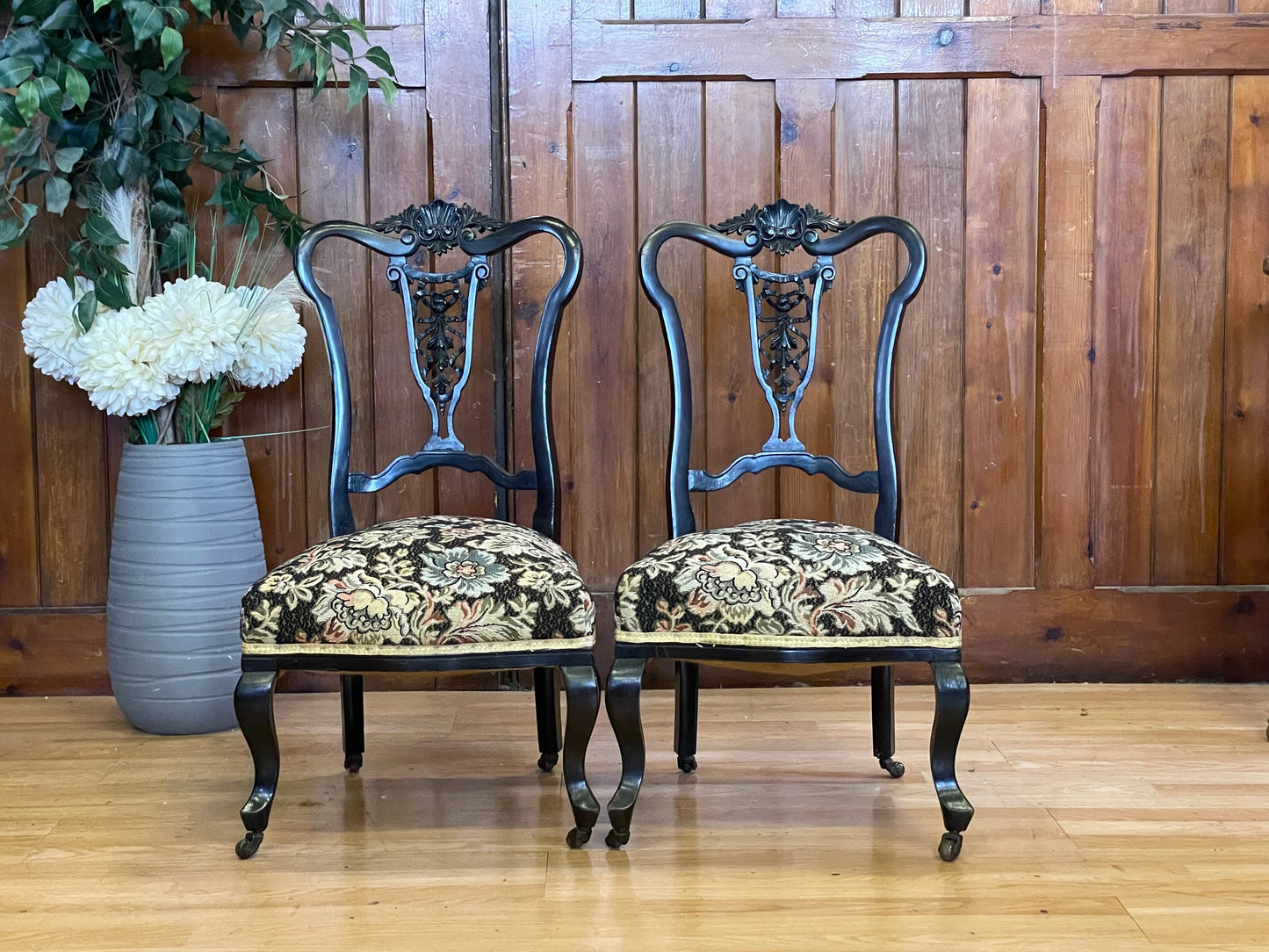 Pair Antique Ebonised Low Bedroom Chairs \ Black Edwardian Nursing Chairs