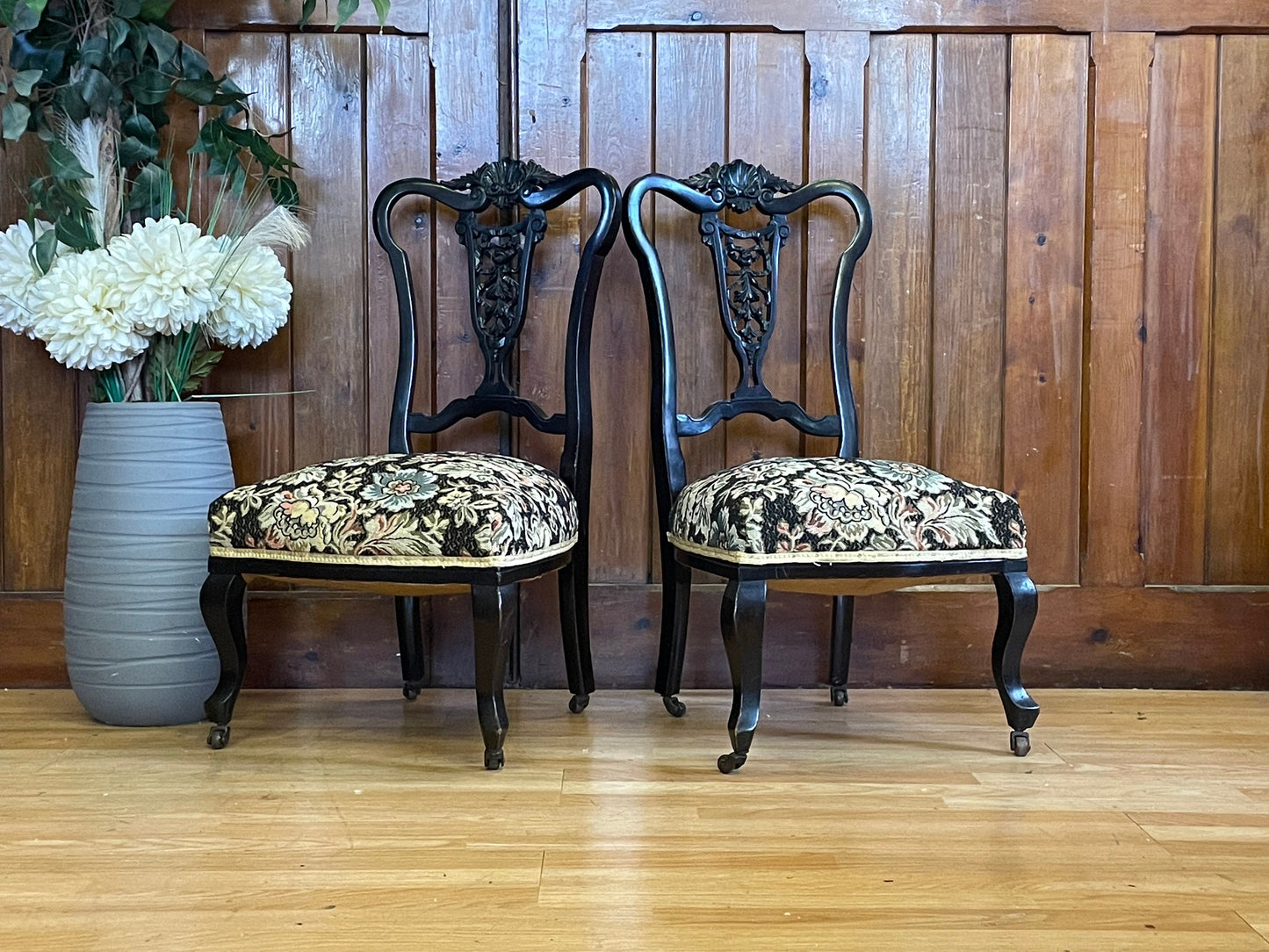 Pair Antique Ebonised Low Bedroom Chairs \ Black Edwardian Nursing Chairs