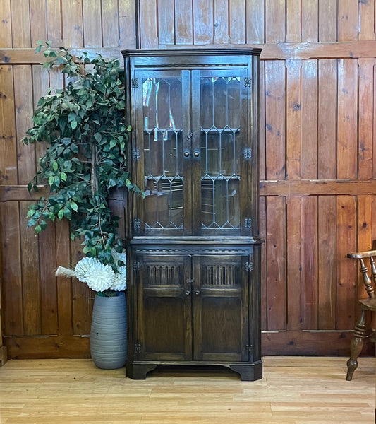 Bevan Funnell Distressed Oak Corner Cabinet / Reproduction Glazed Display Unit