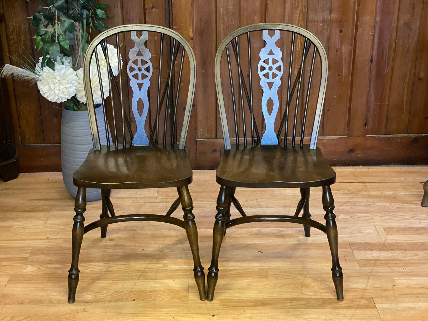 Pair Vintage Glenister Windsor Dining Chairs \ Wheel Back Elm Kitchen Chairs