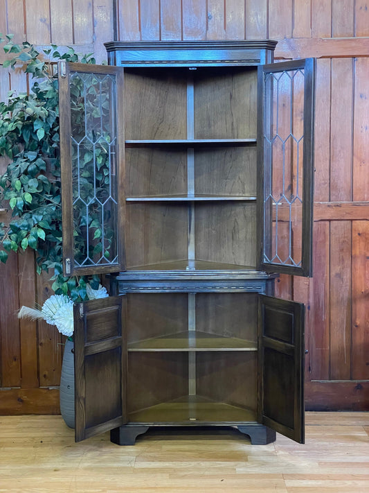 Bevan Funnell Distressed Oak Corner Cabinet / Reproduction Glazed Display Unit