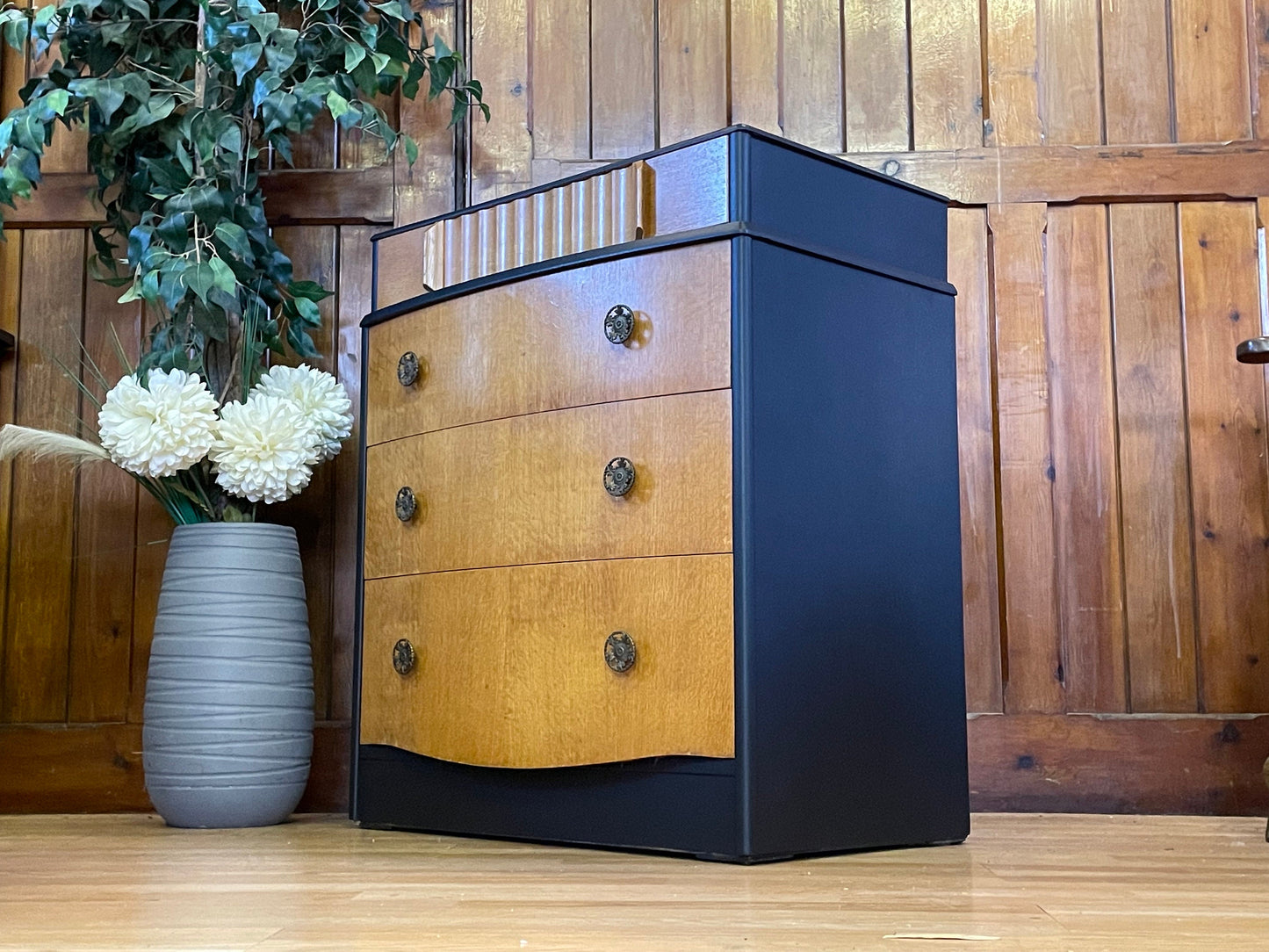 Mid Century Oak Chest Of Drawers \ Vintage Black Drawers \ Bedroom Draws