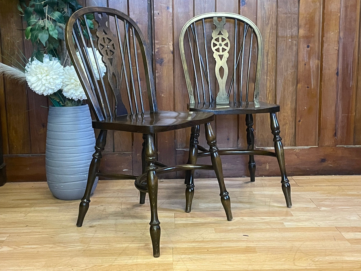 Pair Vintage Glenister Windsor Dining Chairs \ Wheel Back Elm Kitchen Chairs