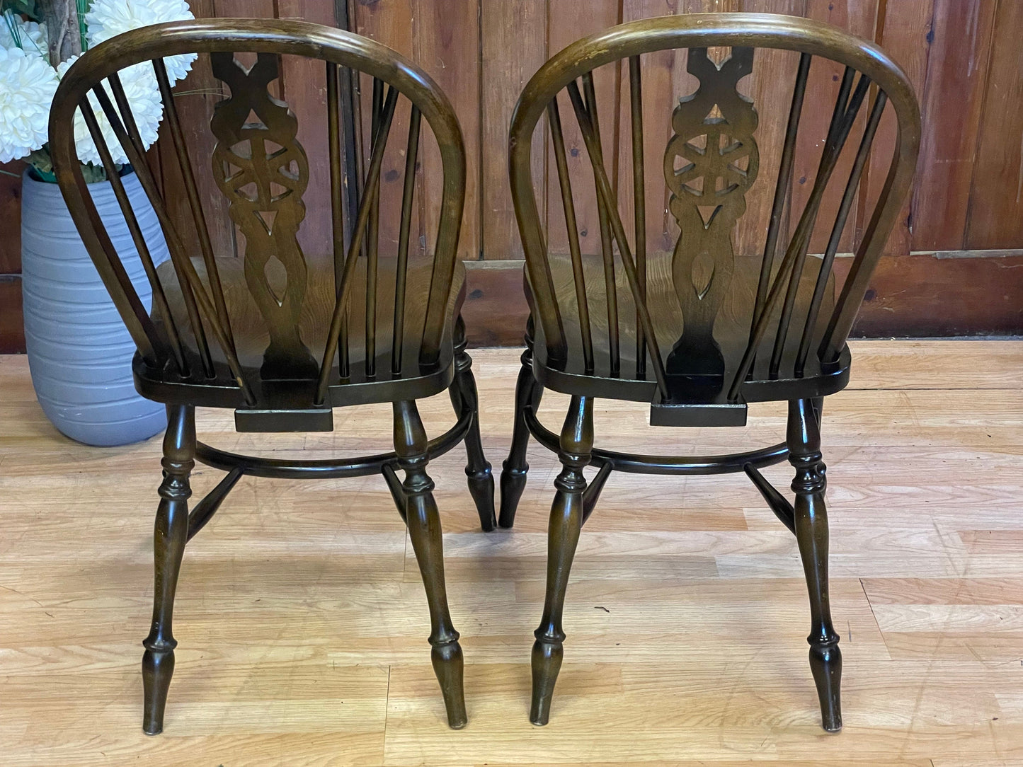 Pair Vintage Glenister Windsor Dining Chairs \ Wheel Back Elm Kitchen Chairs