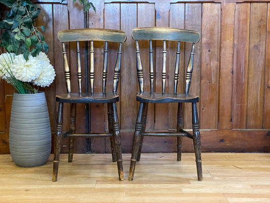 Pair of Antique Beech and Elm Kitchen Chairs \ Victorian Rustic Dining Chairs