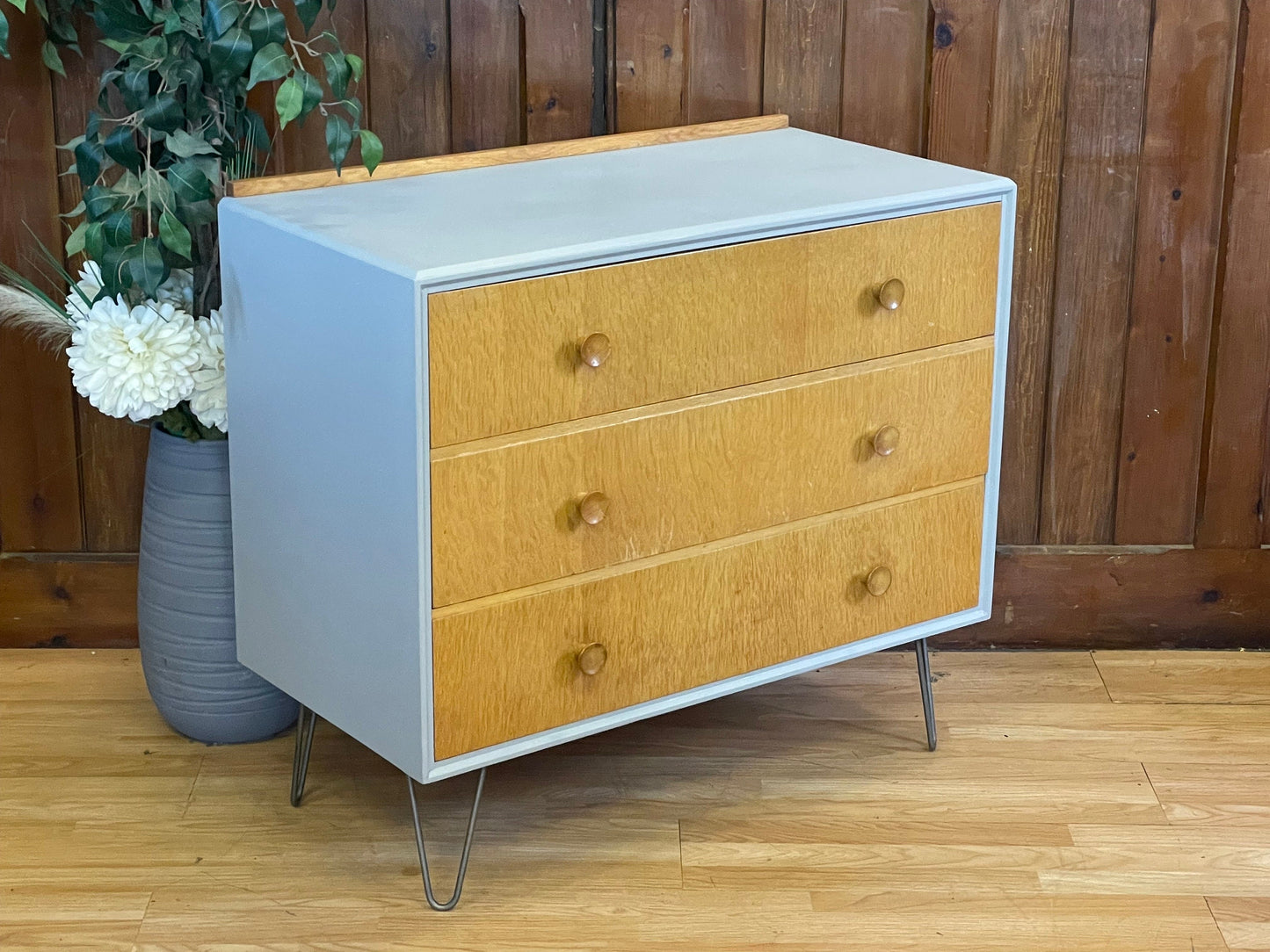 Vintage Oak Chest of Drawers \ Mid Century Sideboard \ Painted Grey Storage