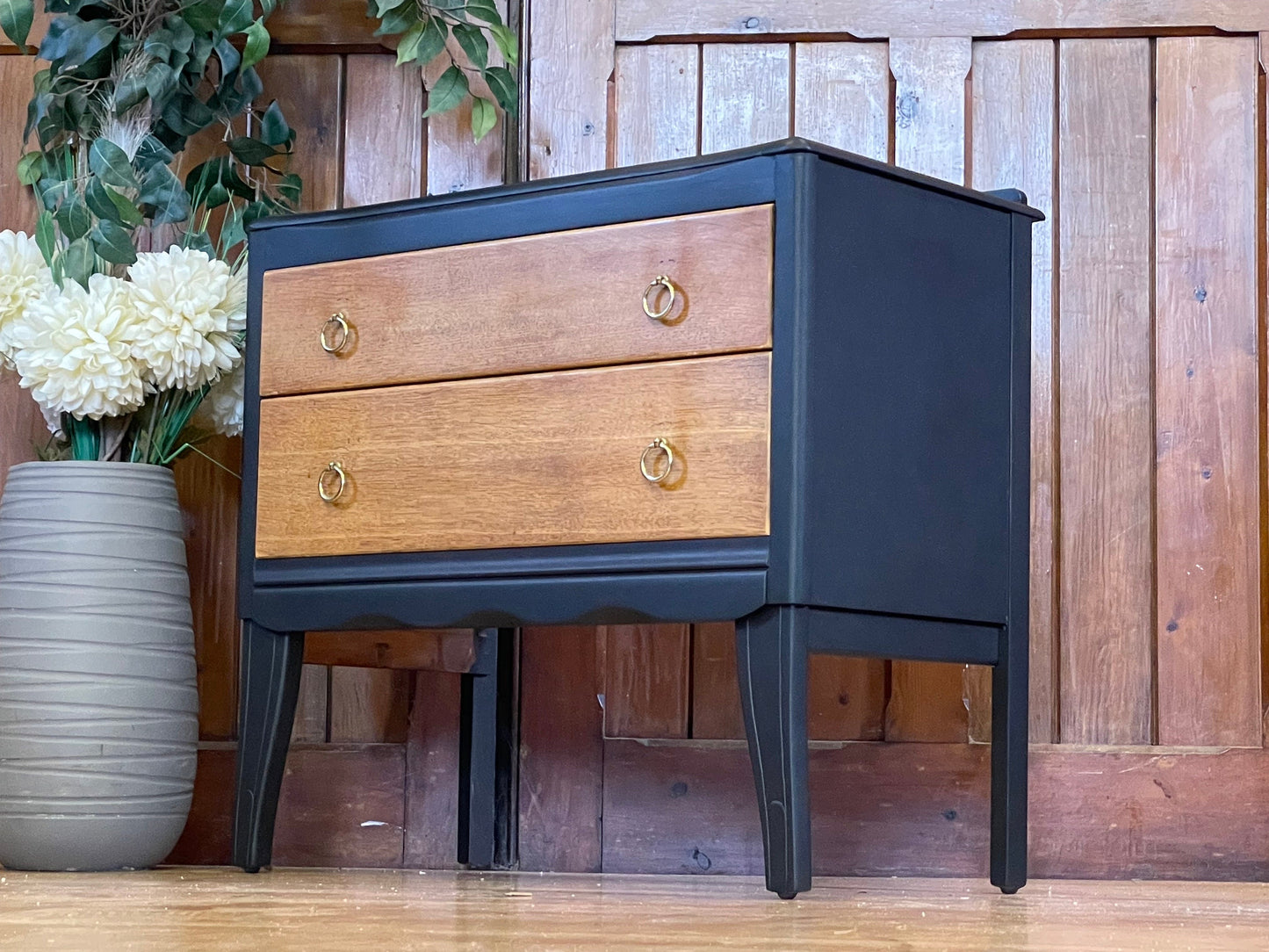 Mid Century Oak Chest of Drawers by Lebus \ Painted Black Retro Bedside Table