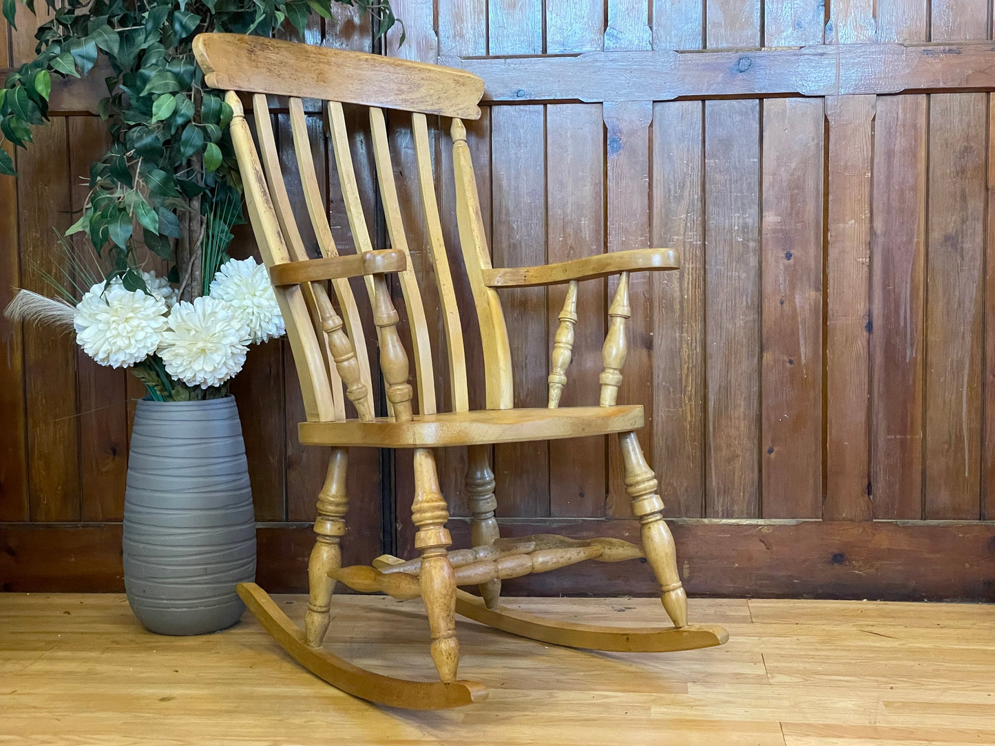 Rustic Farmhouse Spalted Beech Rocking Chair \ Vintage Lathe Back Fireside Chair