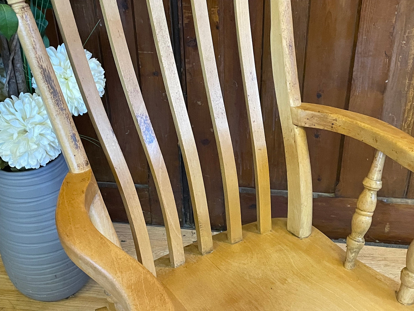 Rustic Farmhouse Spalted Beech Rocking Chair \ Vintage Lathe Back Fireside Chair