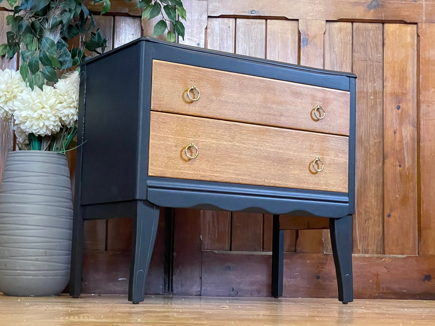 Mid Century Oak Chest of Drawers by Lebus \ Painted Black Retro Bedside Table